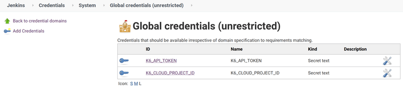 Jenkins Credentials for k6 API Token