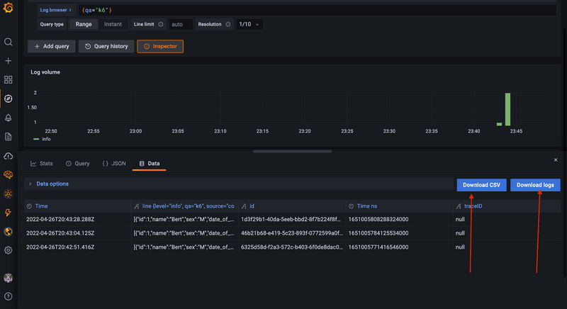 Downloading logs from Data tab on Grafana Cloud