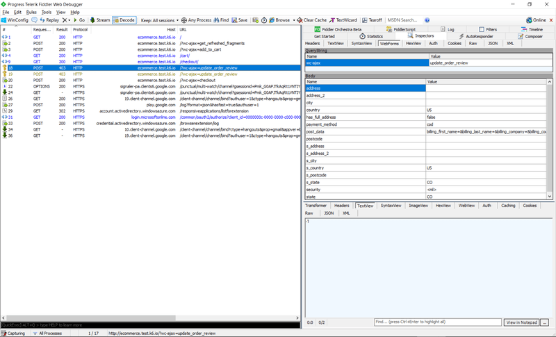 Inspecting a load test response with Fiddler Web Debugger